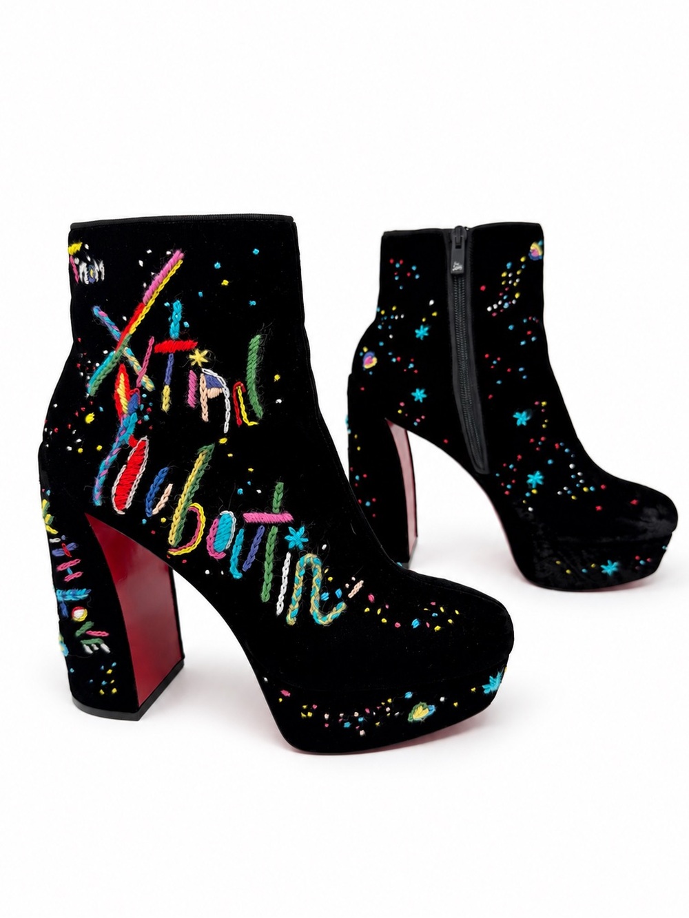 Christian Louboutin Movida Total Black Embroidered Ankle Boots Womens Size EU 39